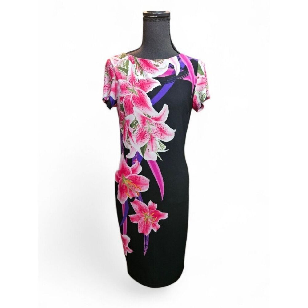 Frank Lyman Design Black Midi Dress with Pink Floral Print Size 6